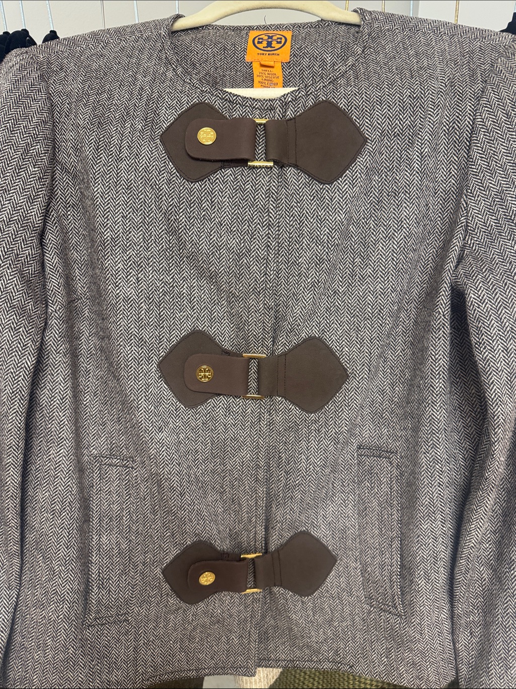 Tory Burch Gray Herringbone Toggle Coat With Brown Leather Accents